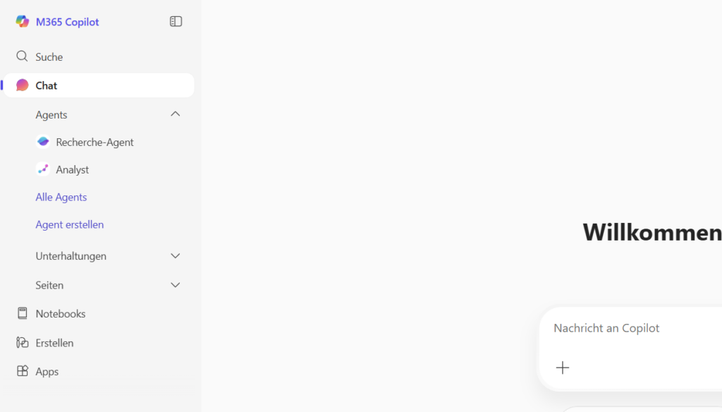 Das M365 Copilot-Chat-Interface von Microsoft 365 ist bereit für IT-Interaktionen und Agentenerstellung.