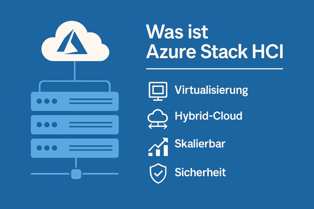 Das Bild erklärt die Vorteile von Azure Stack HCI, einschließlich Virtualisierung und Sicherheit im Hybrid-Cloud-IT-Umfeld.