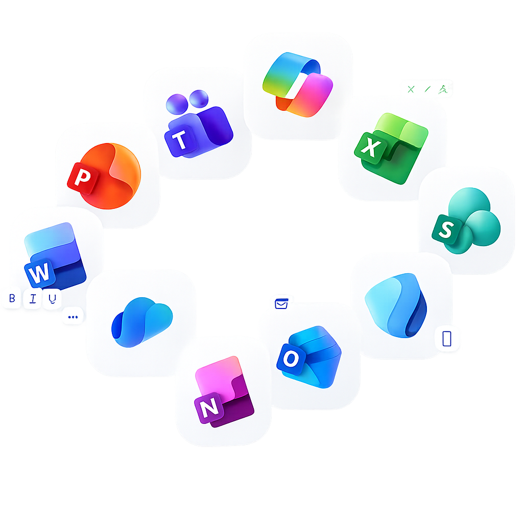 Bunte Microsoft-365-Icons von CodeKlar, die verschiedene Anwendungen in einem kreativen Layout präsentieren | © CodeKlar.