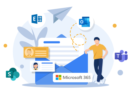 Eine farbenfrohe Illustration zeigt einen Mann, der entspannt neben einem Briefumschlag mit Microsoft 365-Symbolen steht | © CodeKlar GmbH.
